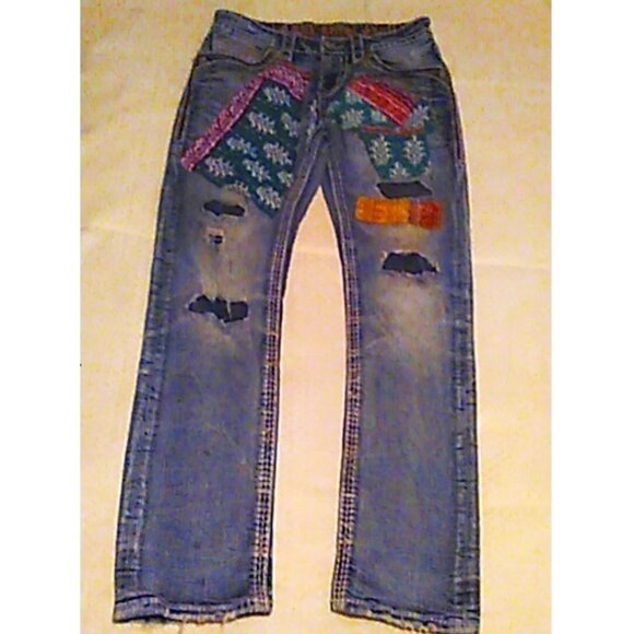 Jeans Rock Revival Tamas 29 Slim Straight Kantha Patches Distressed Upcycled
